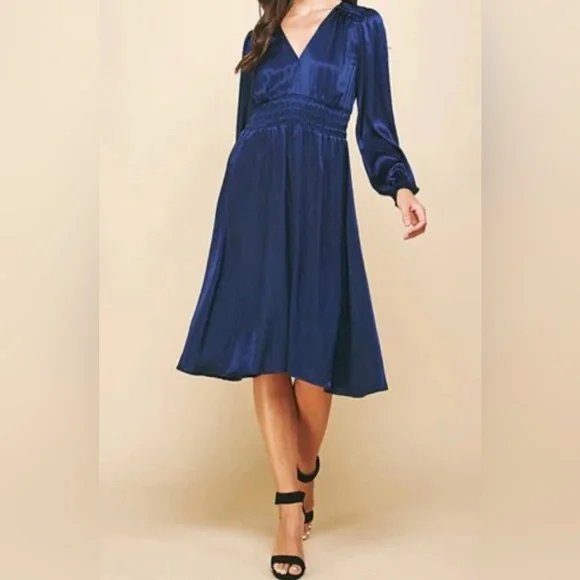 Pinch Dresses | Pinch V Neck Long Sleeve Satin Midi Dress | Color: Blue | Size: S | Safashionista's Closet